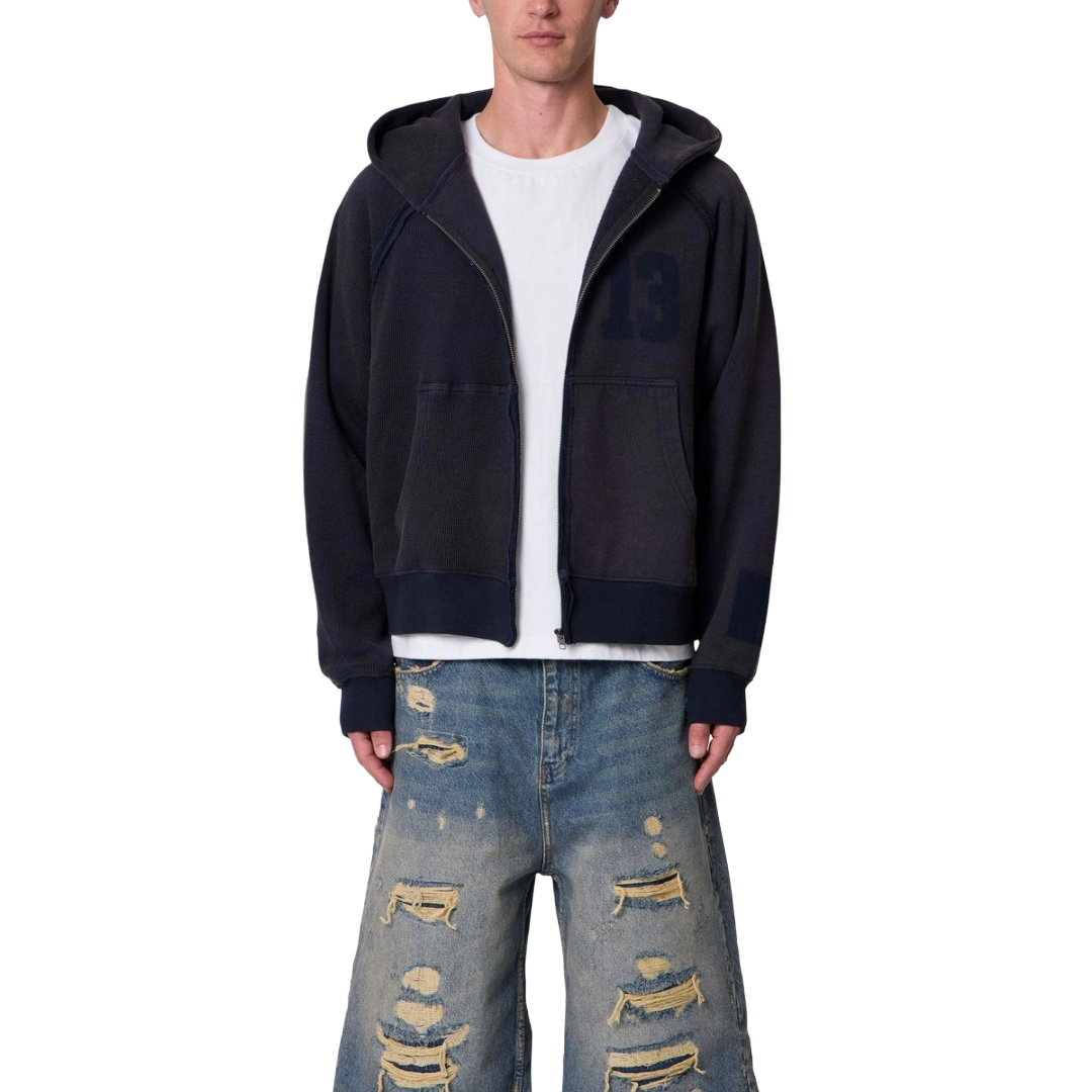 HALF & HALF ZIP UP HOODIE WASHED BLACK