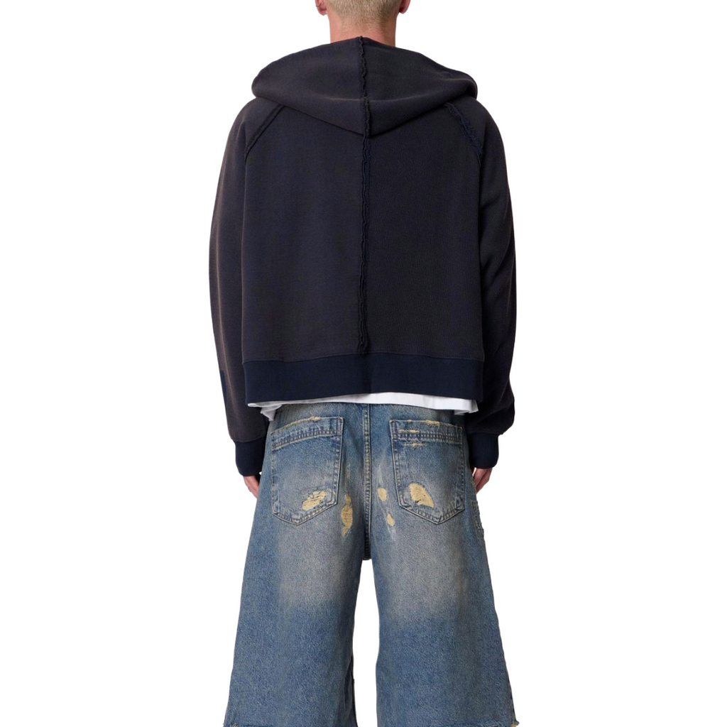 HALF & HALF ZIP UP HOODIE WASHED BLACK