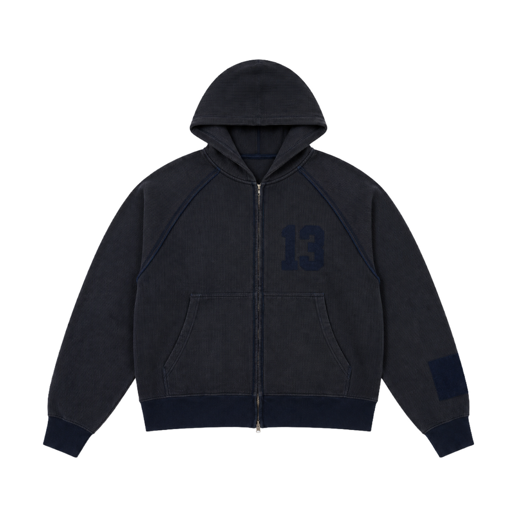 HALF & HALF ZIP UP HOODIE WASHED BLACK