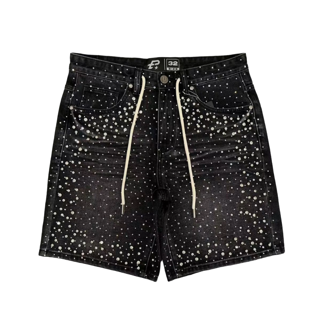 POLITICS| PK26 RHINESTONE DENIM SHORTS BLACK