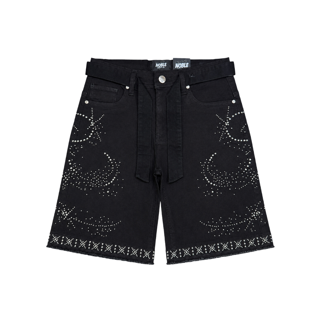 NOBLE| SPIRAL RHINESTONE DENIM SHORTS