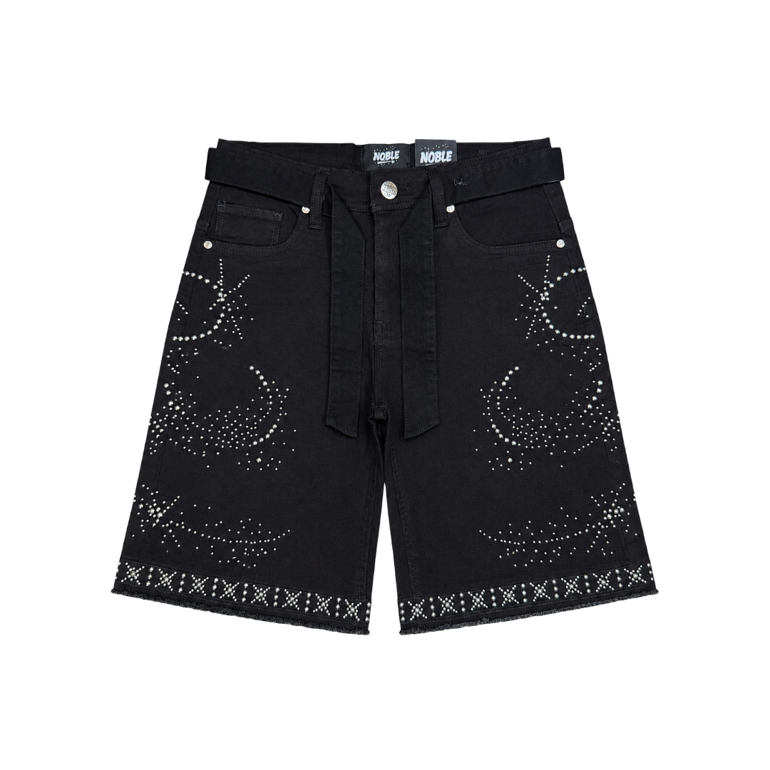NOBLE| SPIRAL RHINESTONE DENIM SHORTS