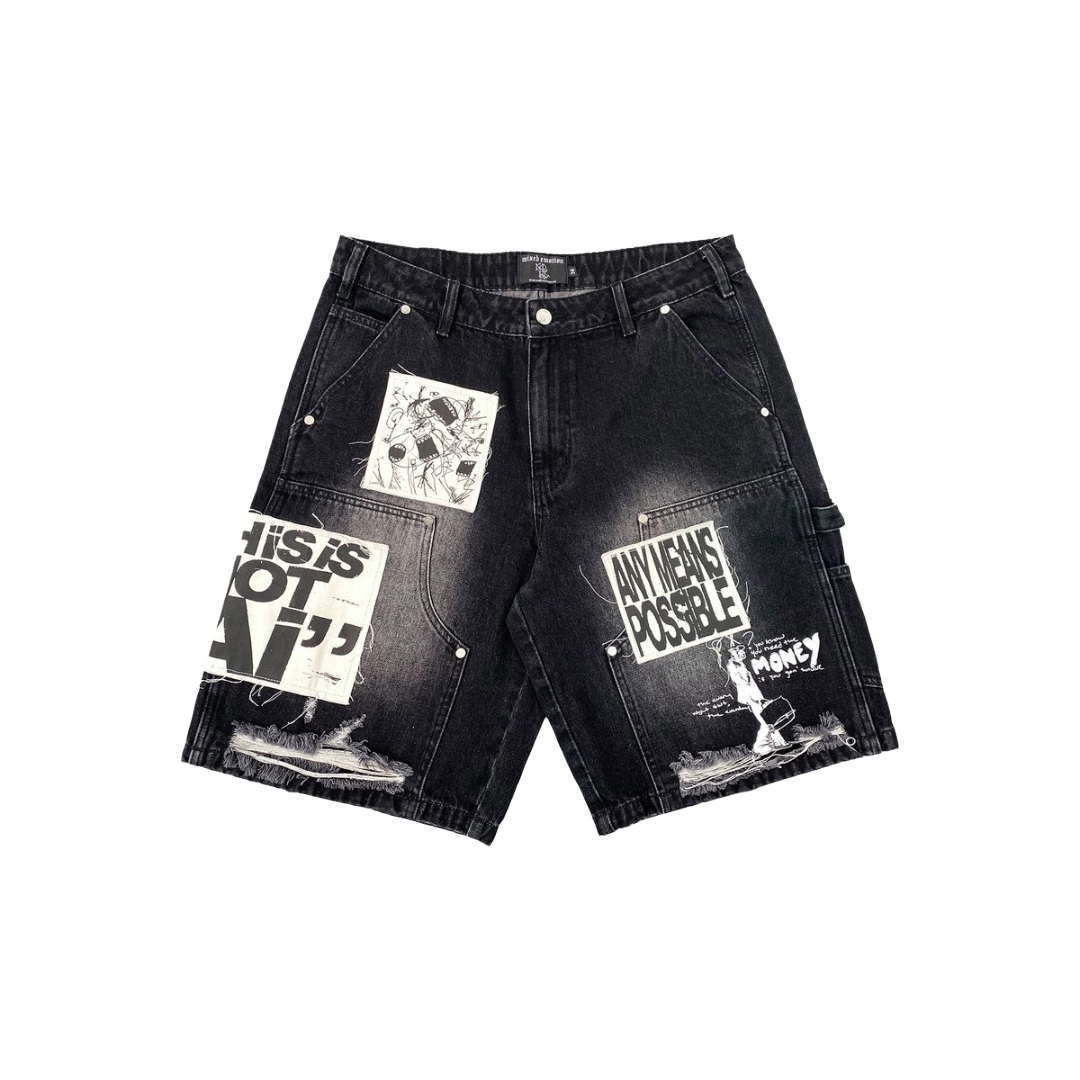MIXED EMOTION| AI DENIM SHORTS BLACK