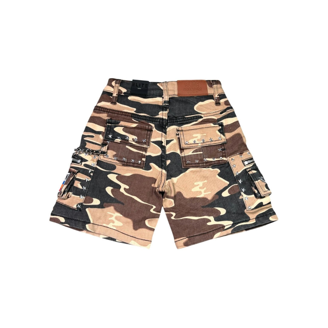 ELITE| KIDS PATCHWORK ARMY CAMO EMBELLISHED DENIM SHORTS