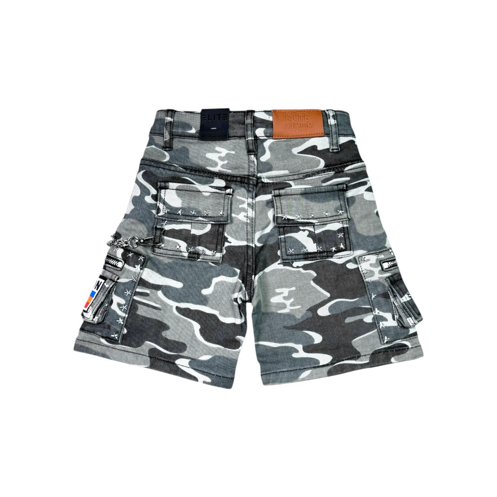 KIDS PATCHWORK NIGHT CAMO EMBELLISHED DENIM SHORTS