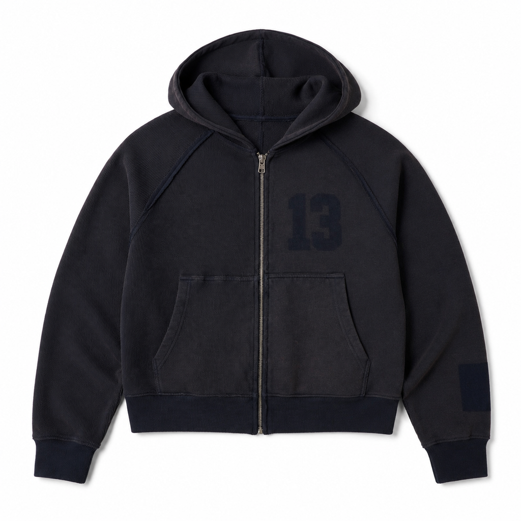 HALF & HALF ZIP UP HOODIE WASHED BLACK