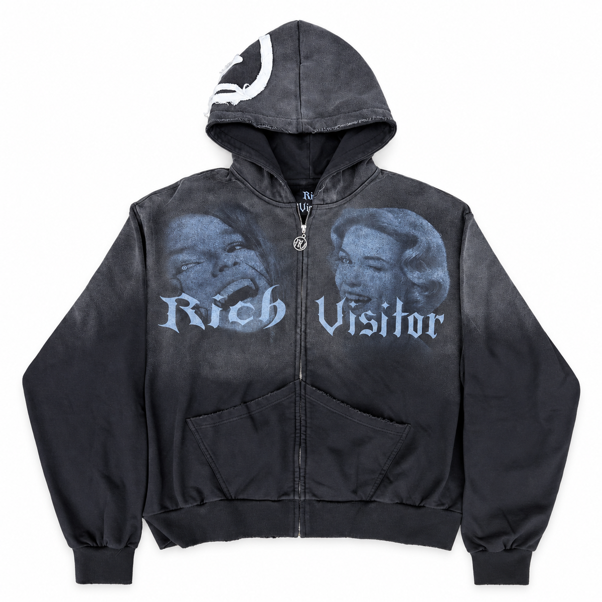 RICH VISITOR| PORTRAIT ZIP UP HOODIE-WASHED BLACK