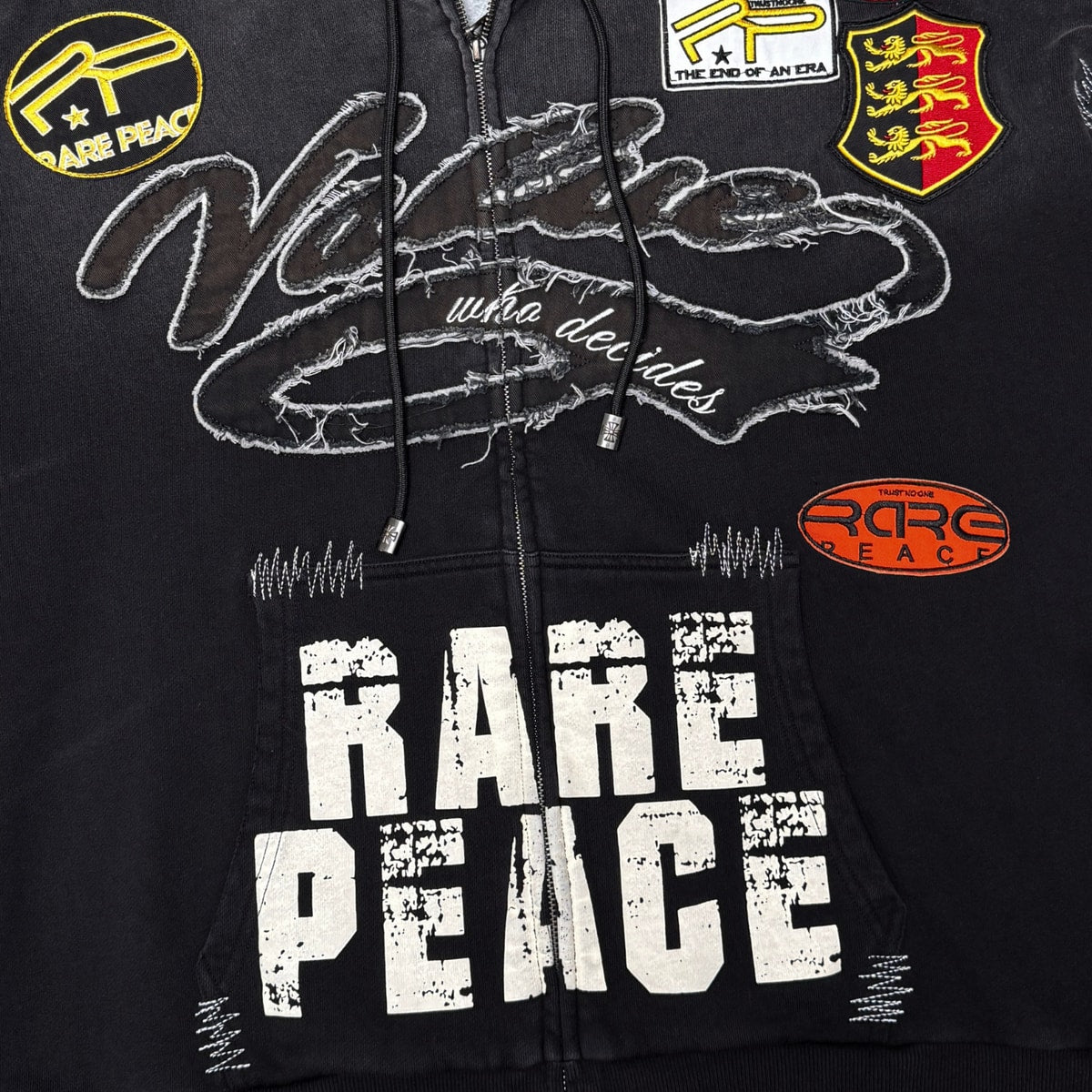 RACER PATCH ZIP-UP HOODIE BLACK - front graphic detail flat lay on white