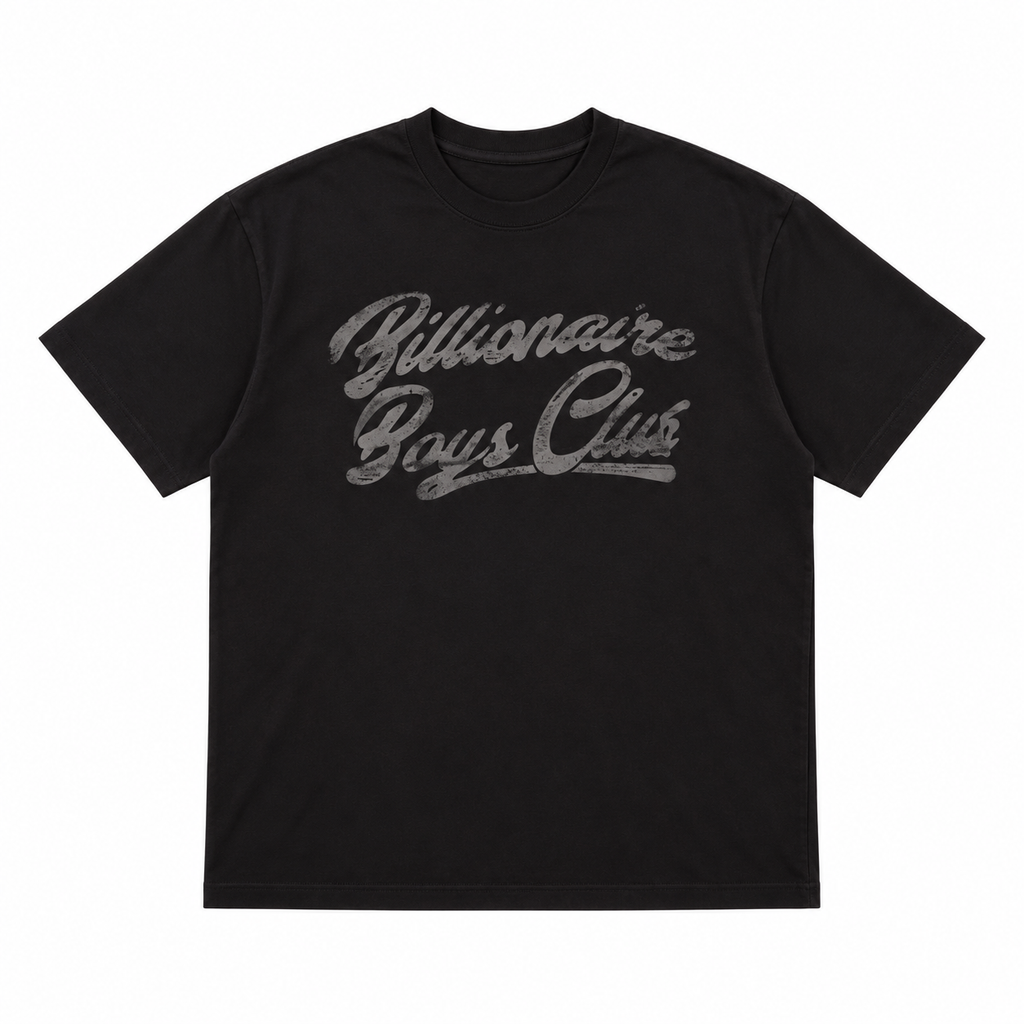 Billionaire Boys Club BB FOGGY SCRIPT T-SHIRT in Black, front flat lay at ICON Clothing