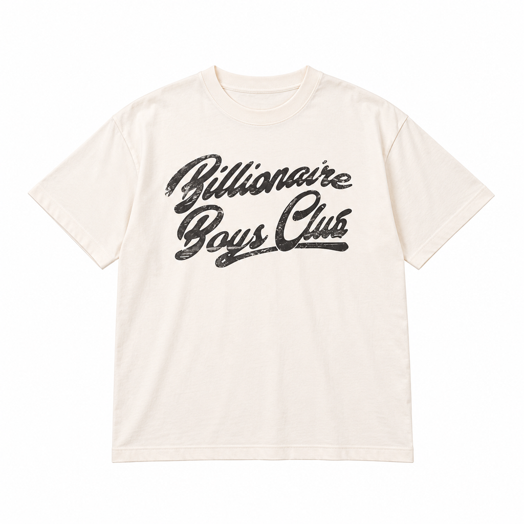 Billionaire Boys Club BB FOGGY SCRIPT T-SHIRT in White, front flat lay at ICON Clothing