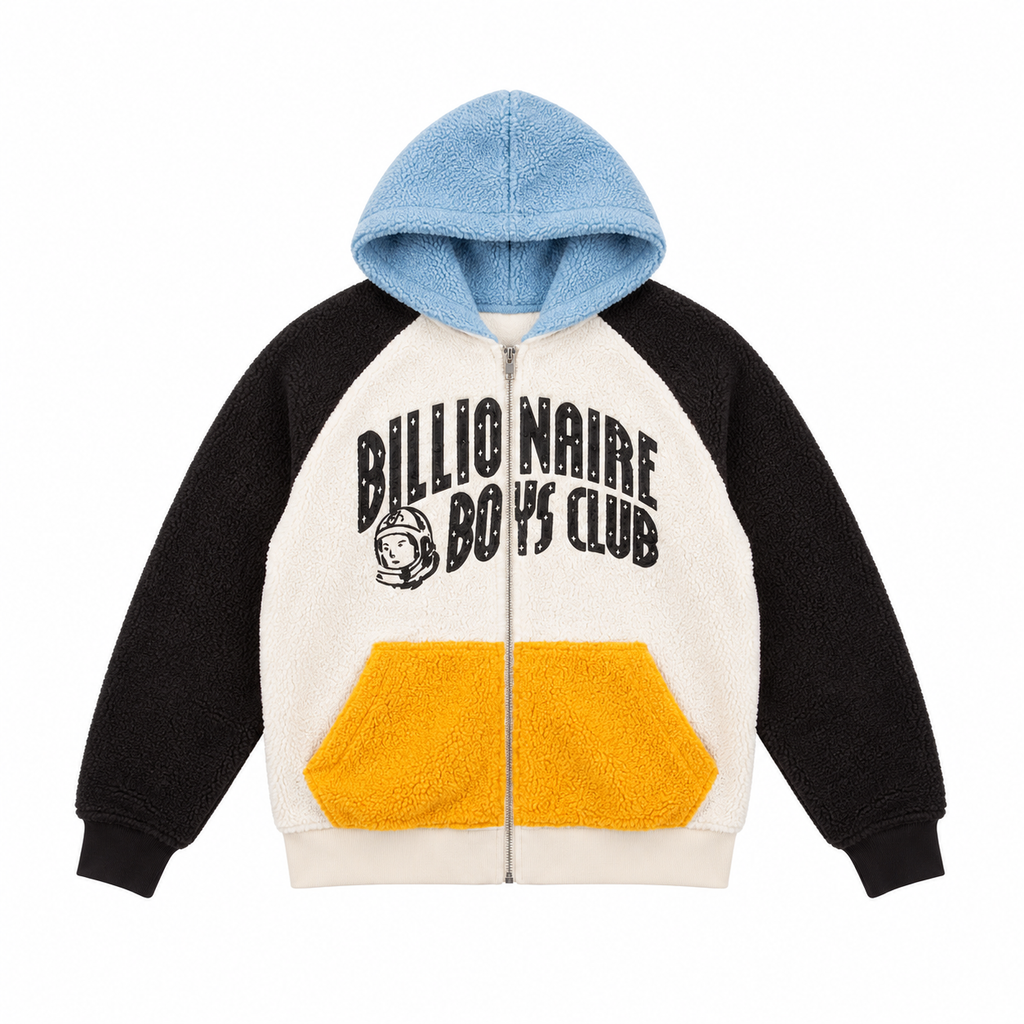 Billionaire Boys Club BB RAGLAN CURVE ZIP HOODIE in White, front flat lay at ICON Clothing
