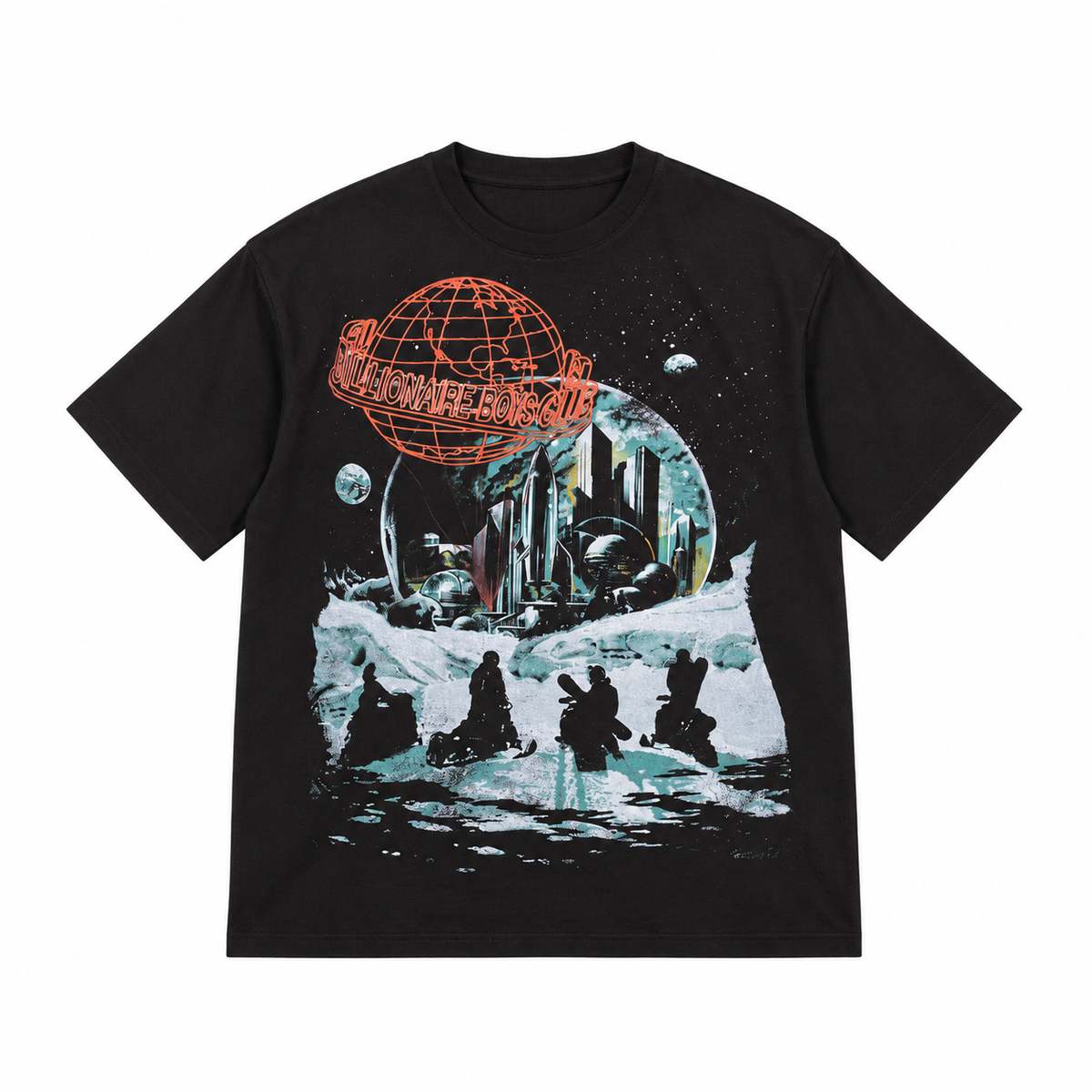 Billionaire Boys Club BB SNOWGLOBE OVERSIZED T-SHIRT in Black, front flat lay at ICON Clothing
