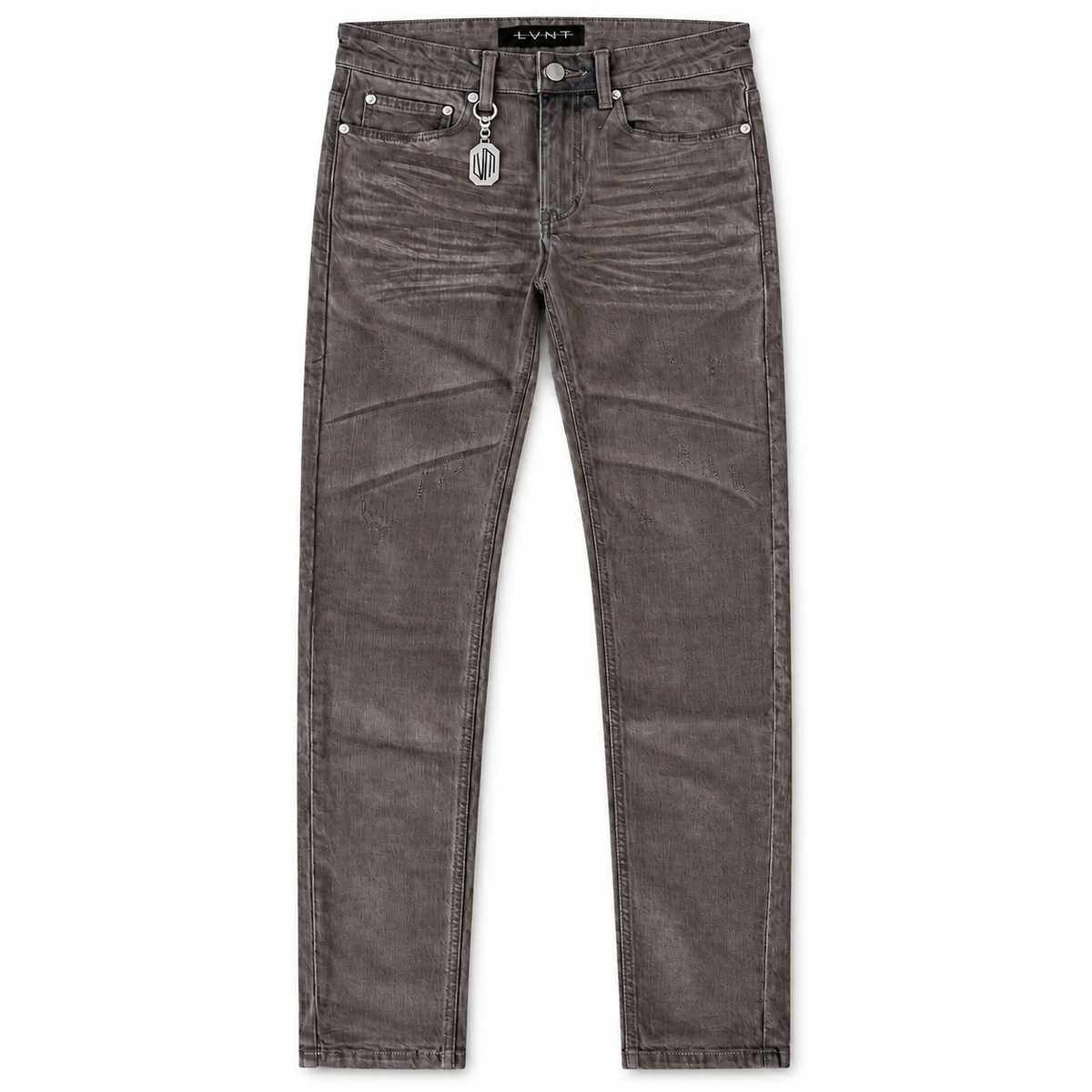 LVNT BROWN WASH SKINNY JEANS, front flat lay on white background