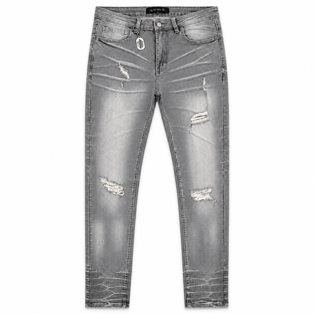 LVNT GREY SKINNY JEANS, front flat lay on white background