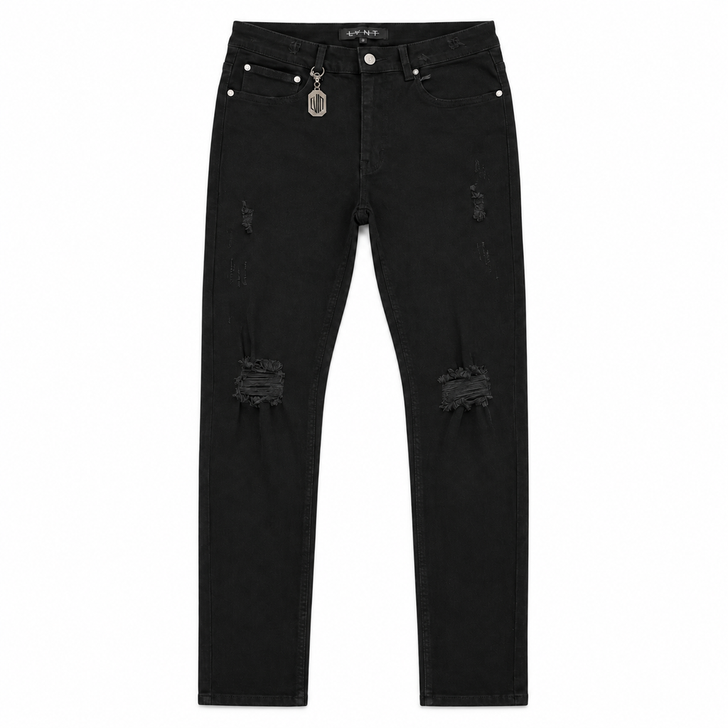 LVNT JET BLACK SKINNY JEANS, front flat lay on white background