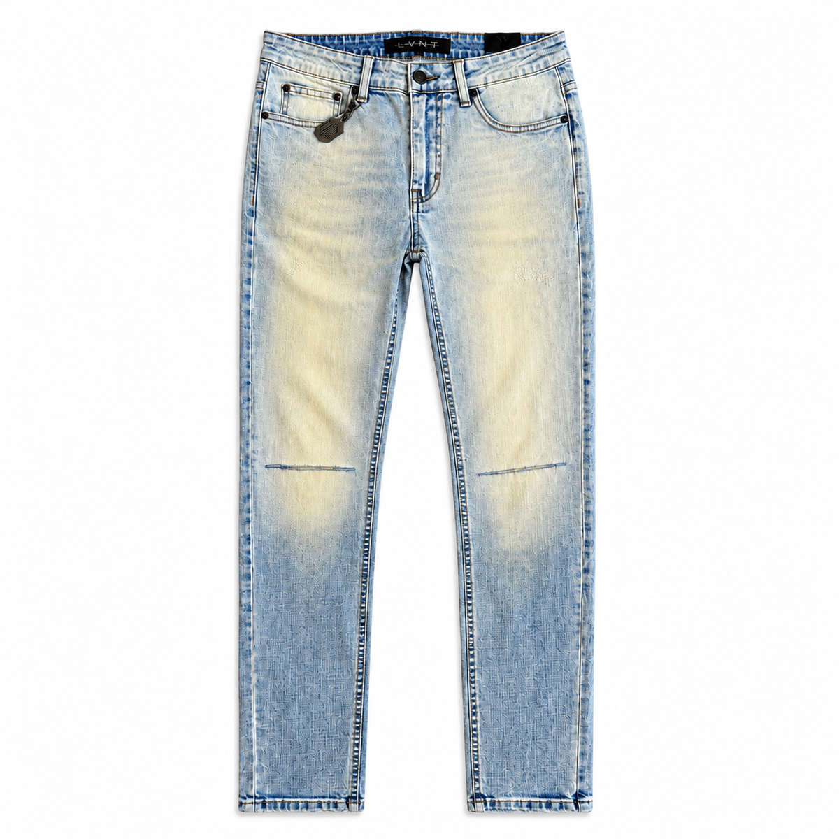 LVNT YELLOW BLUE SKINNY JEANS, front flat lay on white background