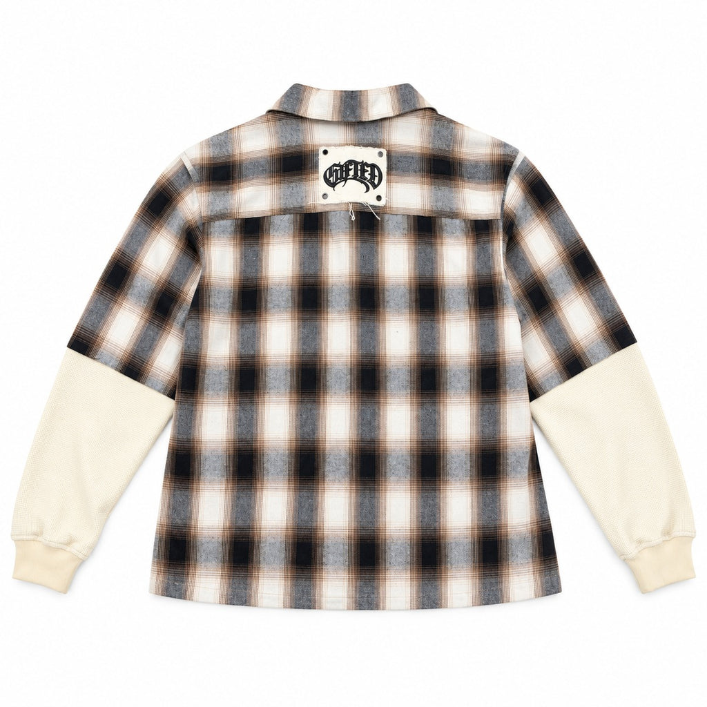 GFTD LA MONSEY cream layered plaid shirt, rear logo patch and cream sleeve panels, back flat lay