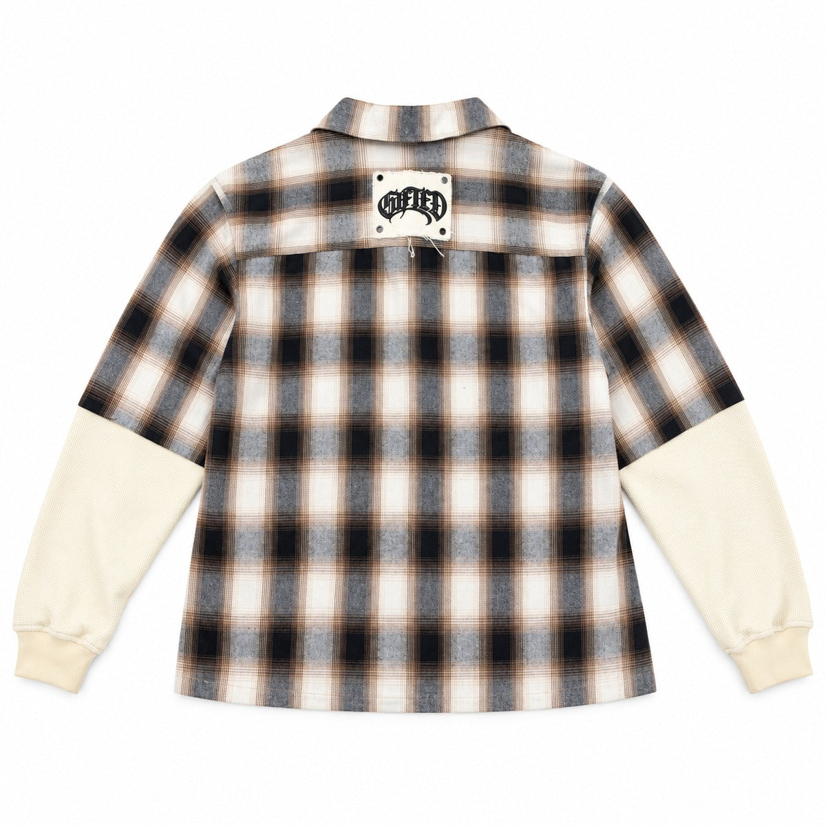 GFTD LA MONSEY cream layered plaid shirt, rear logo patch and cream sleeve panels, back flat lay