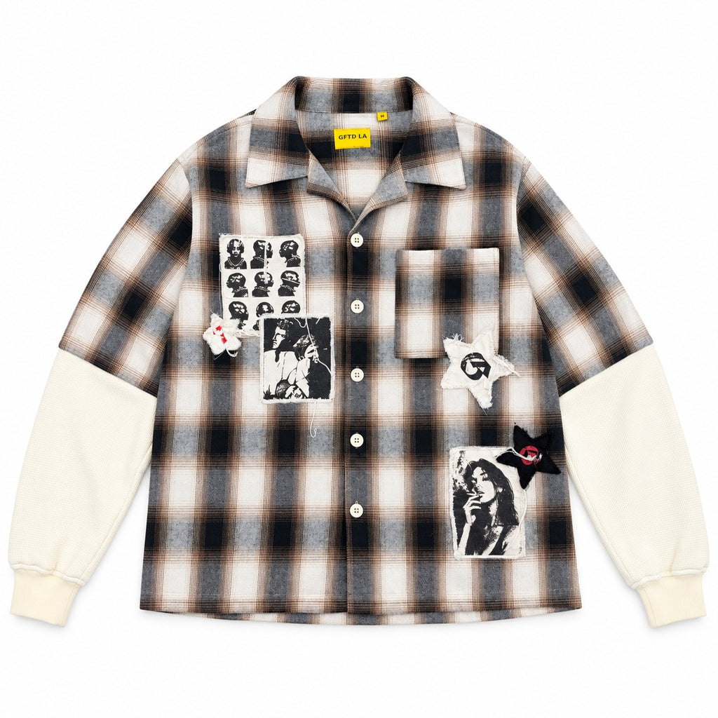 GFTD LA MONSEY cream layered plaid shirt, portrait and star patches, front flat lay