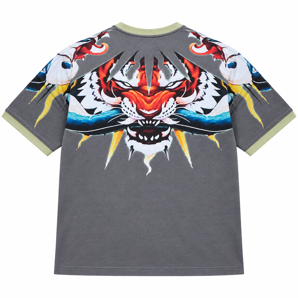 OCHO CLAW olive tiger graphic T-shirt, back flat lay