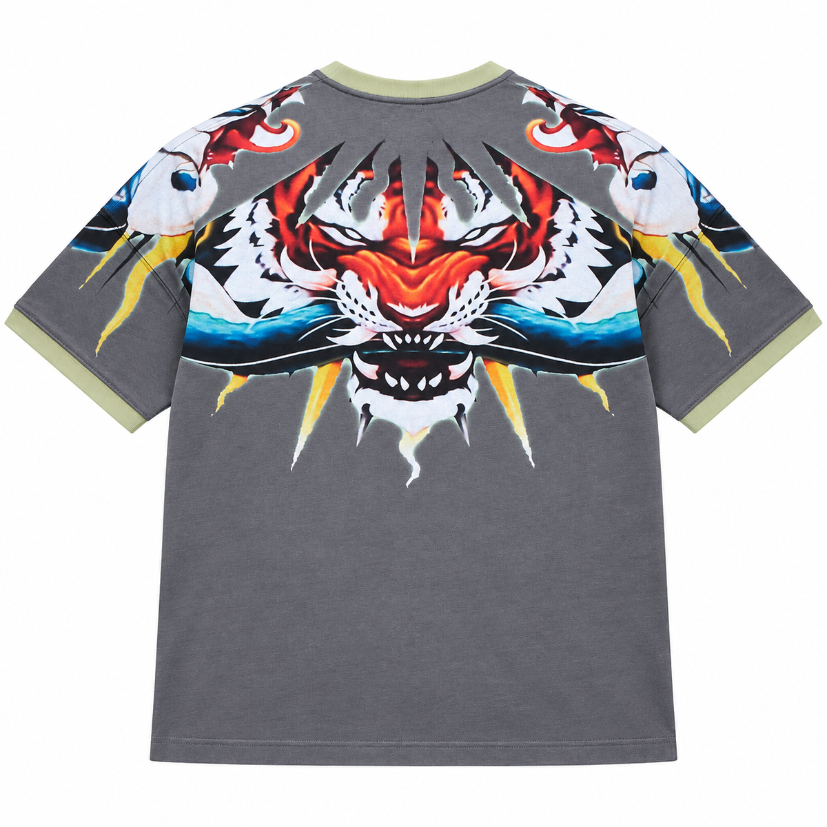 OCHO CLAW olive tiger graphic T-shirt, back flat lay