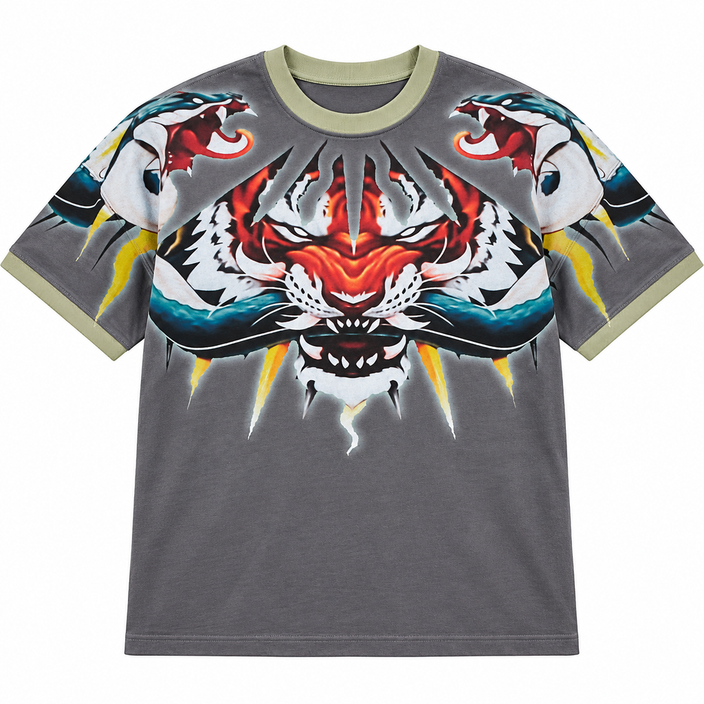 OCHO CLAW olive tiger graphic T-shirt, front flat lay