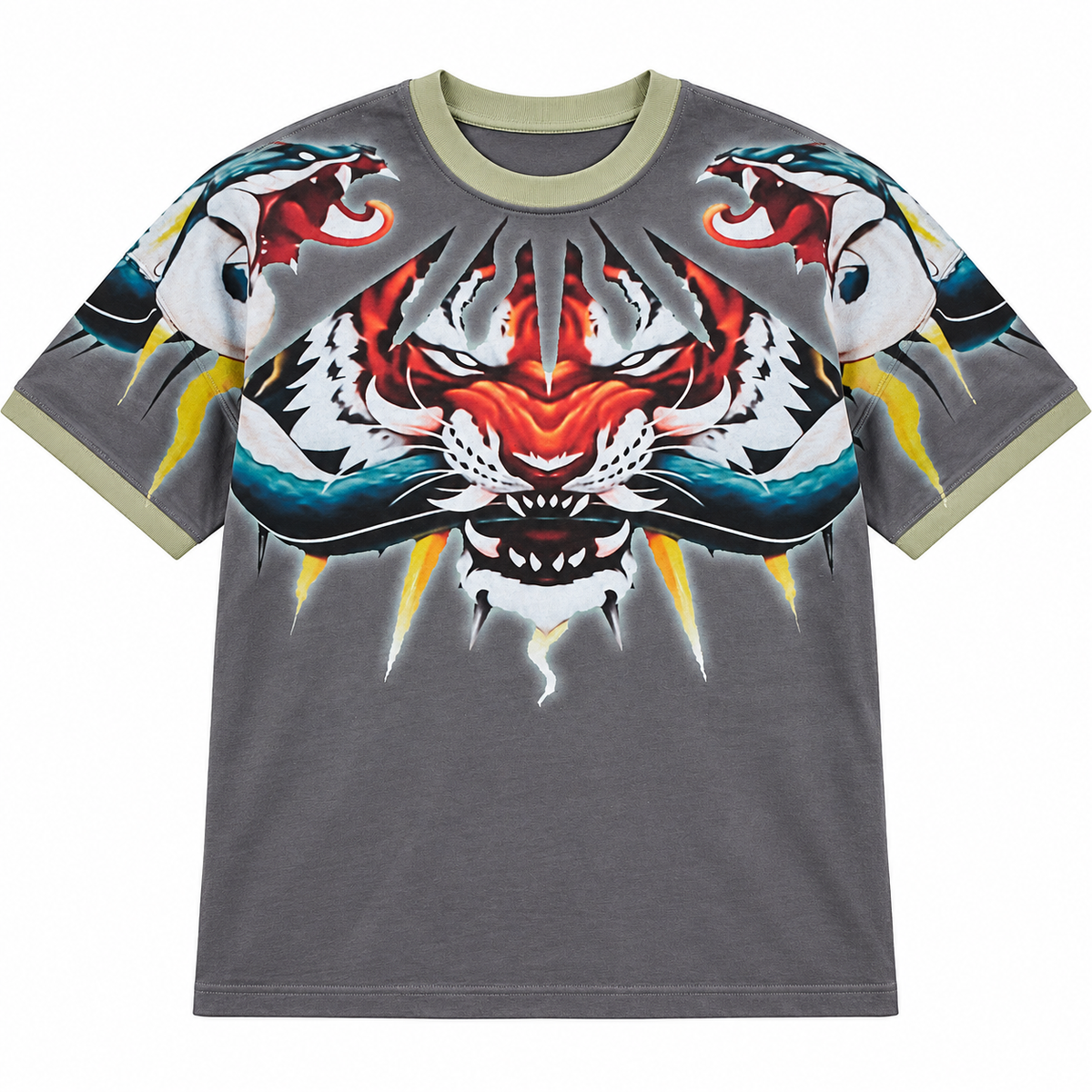 OCHO CLAW olive tiger graphic T-shirt, front flat lay