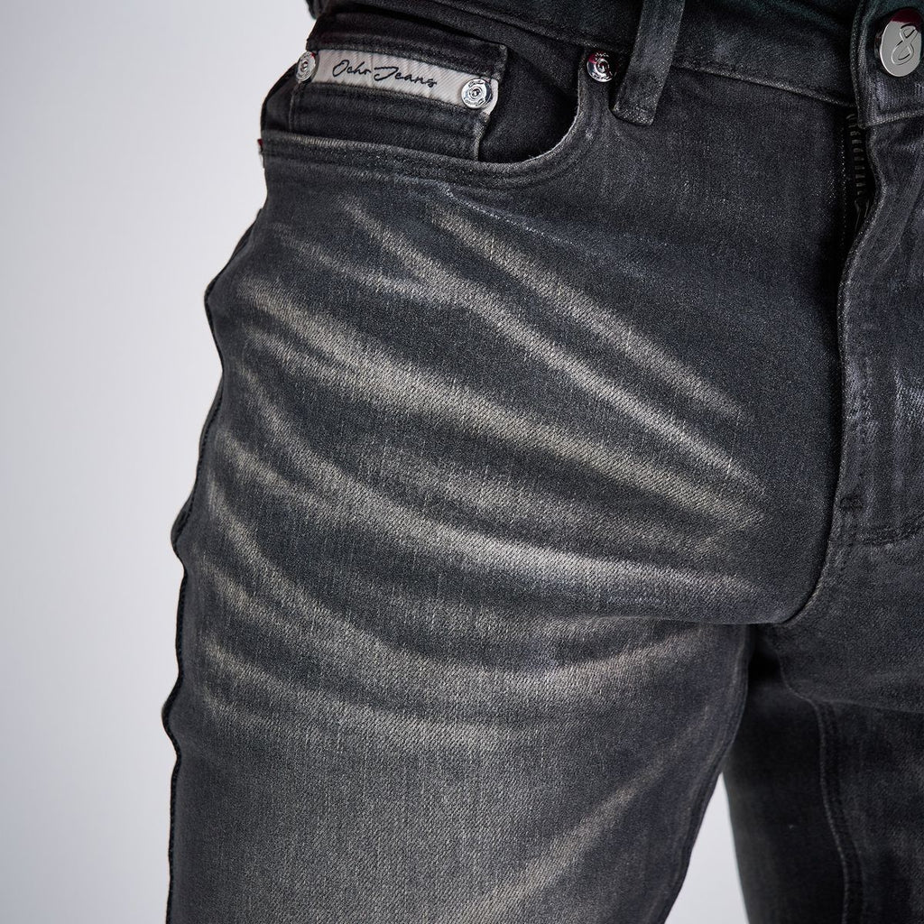 OCHO DEEP jeans, branded coin-pocket trim, rivets and wash detail