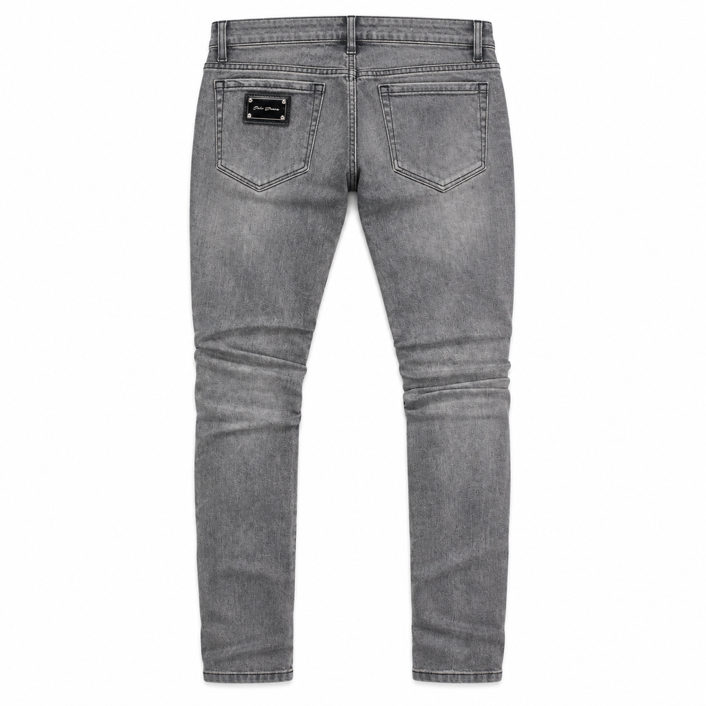 OCHO DUSK dark gray washed jeans, back flat lay with original pocket branding