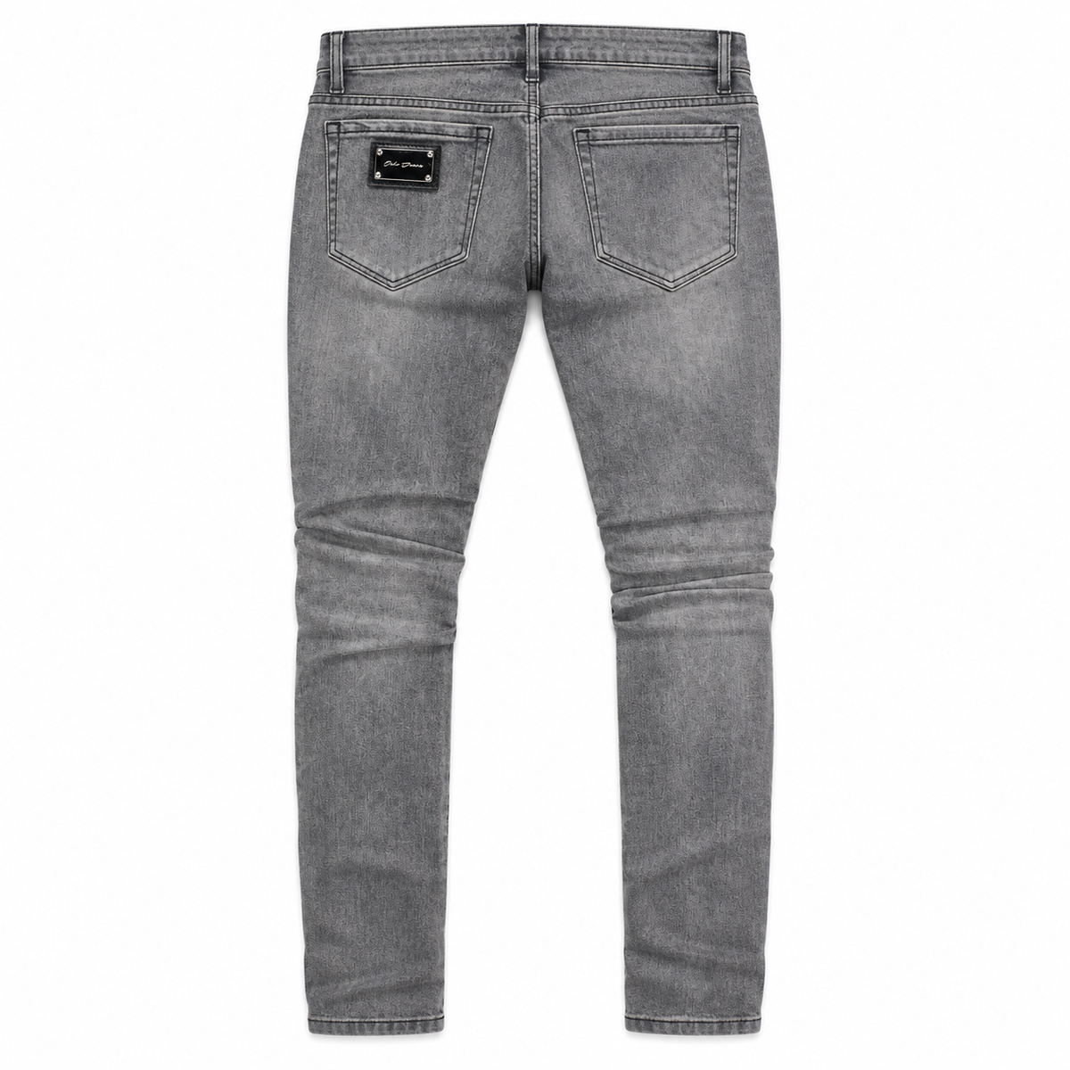OCHO DUSK dark gray washed jeans, back flat lay with original pocket branding