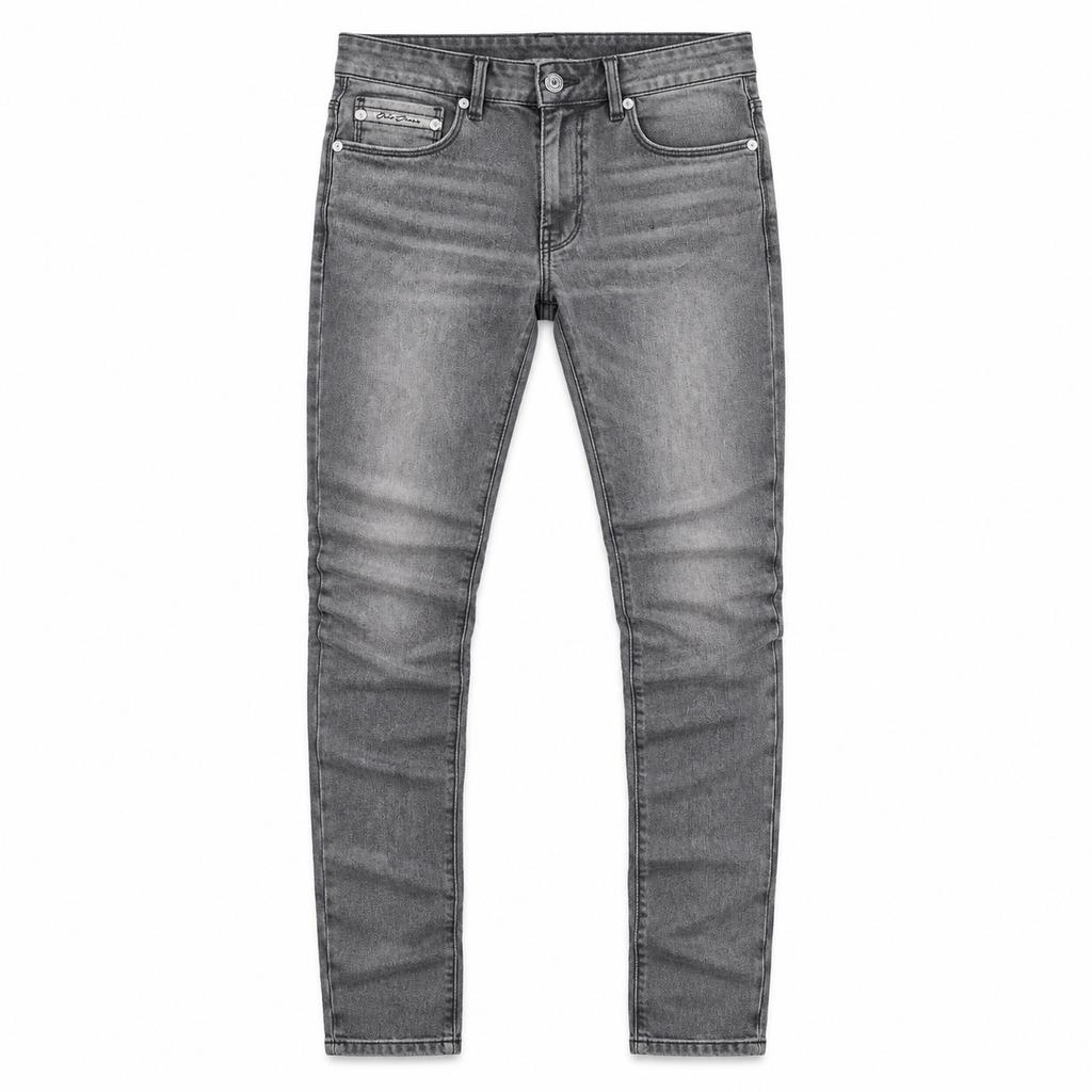 OCHO DUSK dark gray washed jeans, front flat lay with original pocket branding