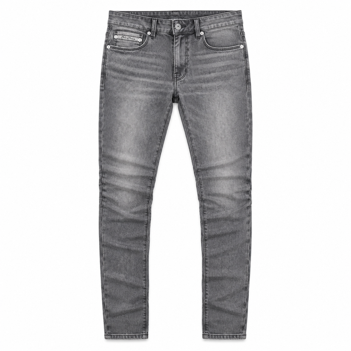 OCHO DUSK dark gray washed jeans, front flat lay with original pocket branding