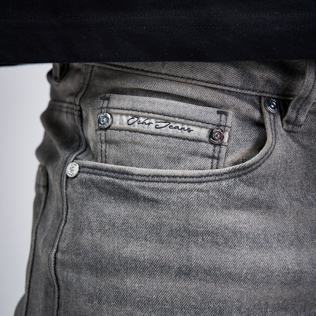 OCHO DUSK dark gray jeans, Ocho Jeans coin-pocket trim and round metal rivets