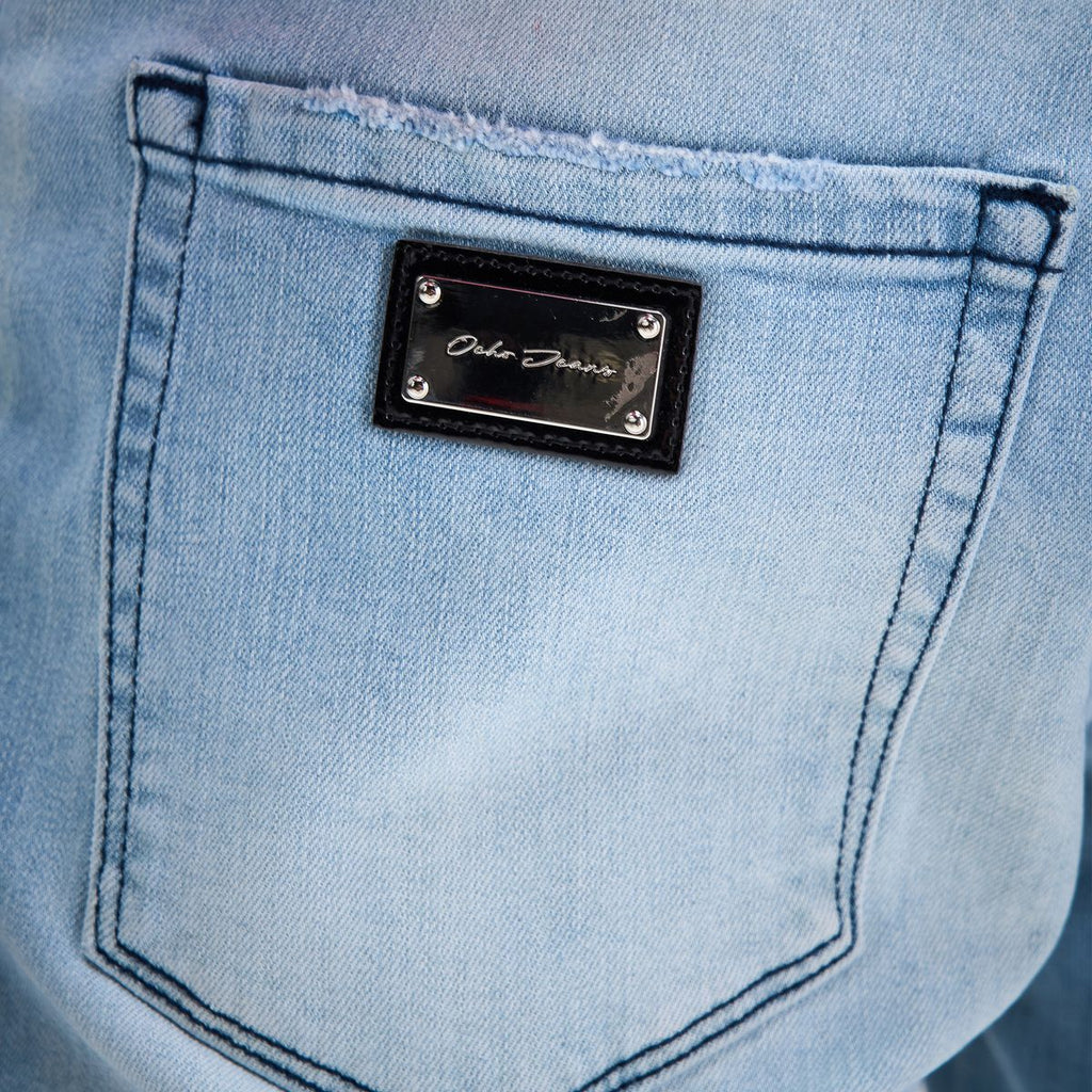 OCHO SHORE light blue jeans, engraved metal rear-pocket plate and stitching detail