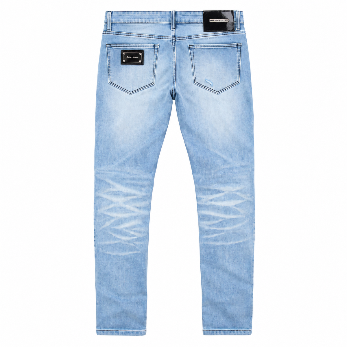 OCHO SHORE light blue jeans, back flat lay; branding and hardware restored from exact detail references