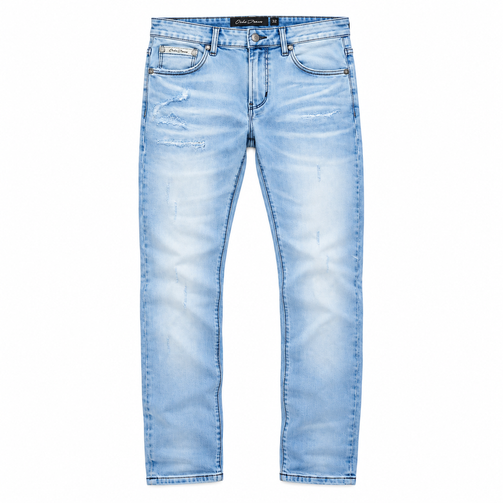 OCHO SHORE light blue jeans, front flat lay; branding and hardware restored from exact detail references