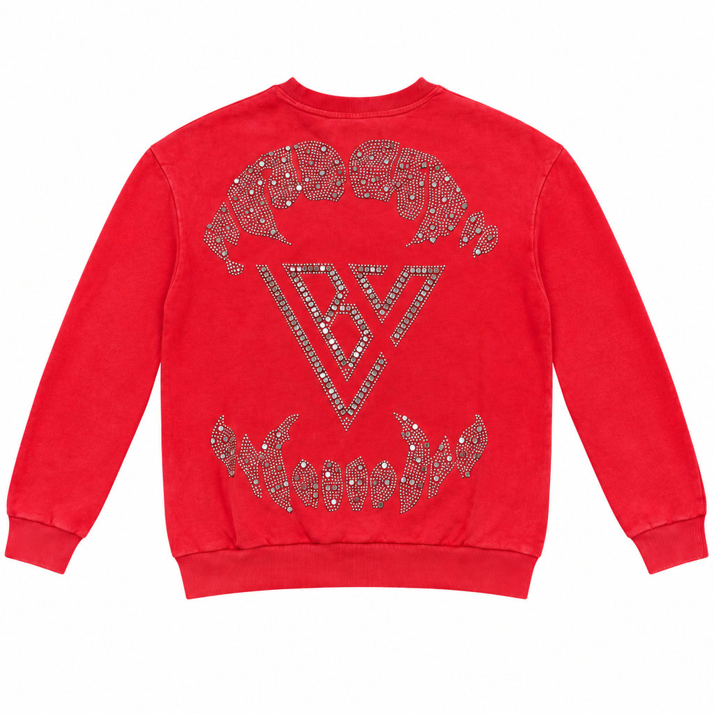 ICON Clothing | GRIZZLEY RED CREWNECK — back flat lay with sleeves extended