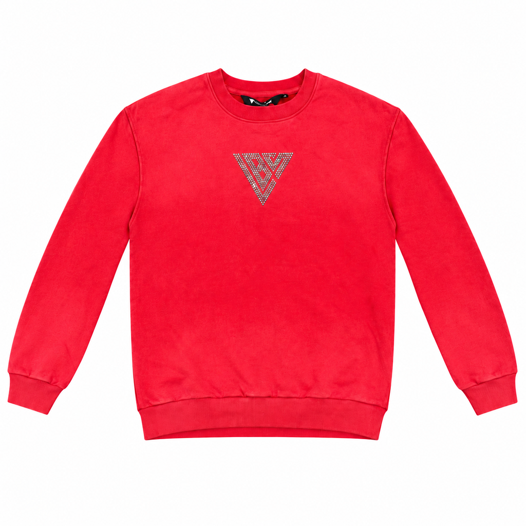 ICON Clothing | GRIZZLEY RED CREWNECK — front flat lay with sleeves extended