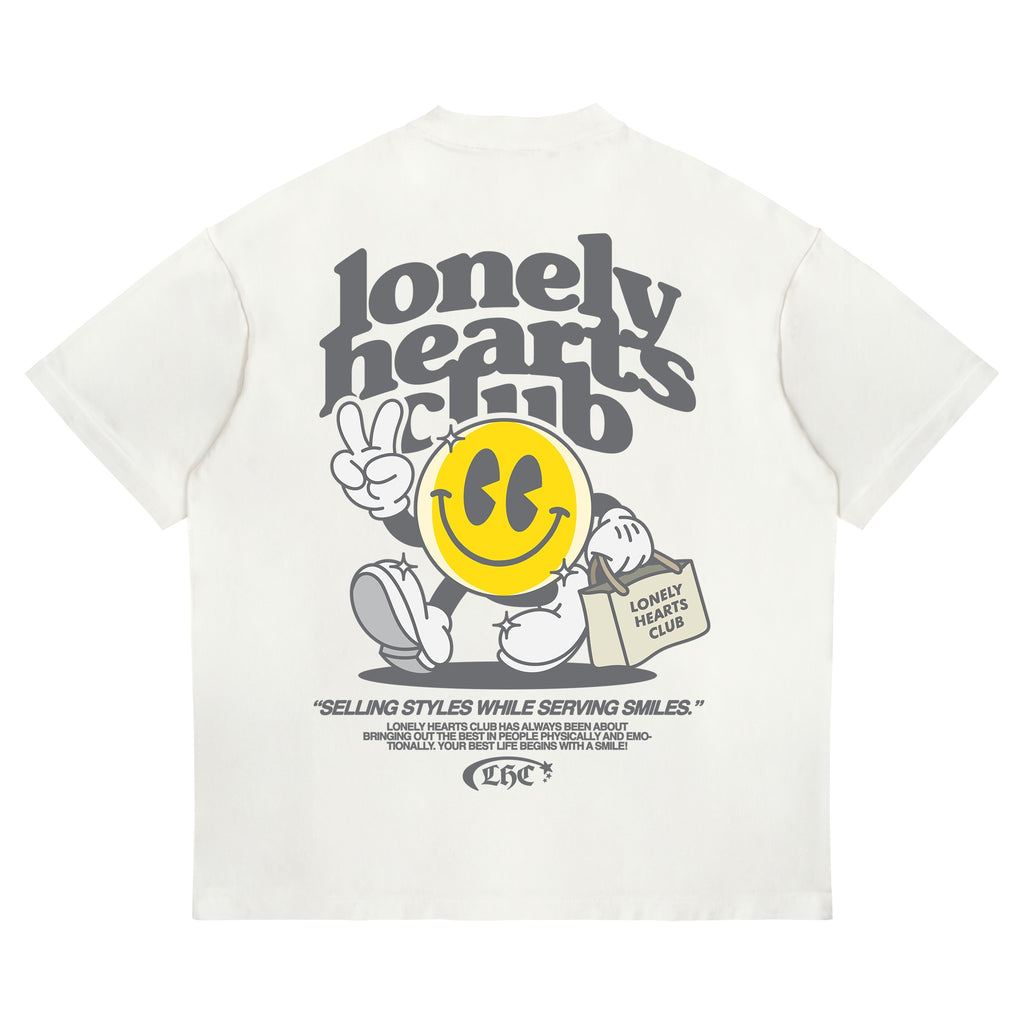 LONELY HEARTS CLUB SELLING STYLES WHILE SERVING SMILES PREMIUM T-SHIRT - OFF-WHITE - Back flat lay