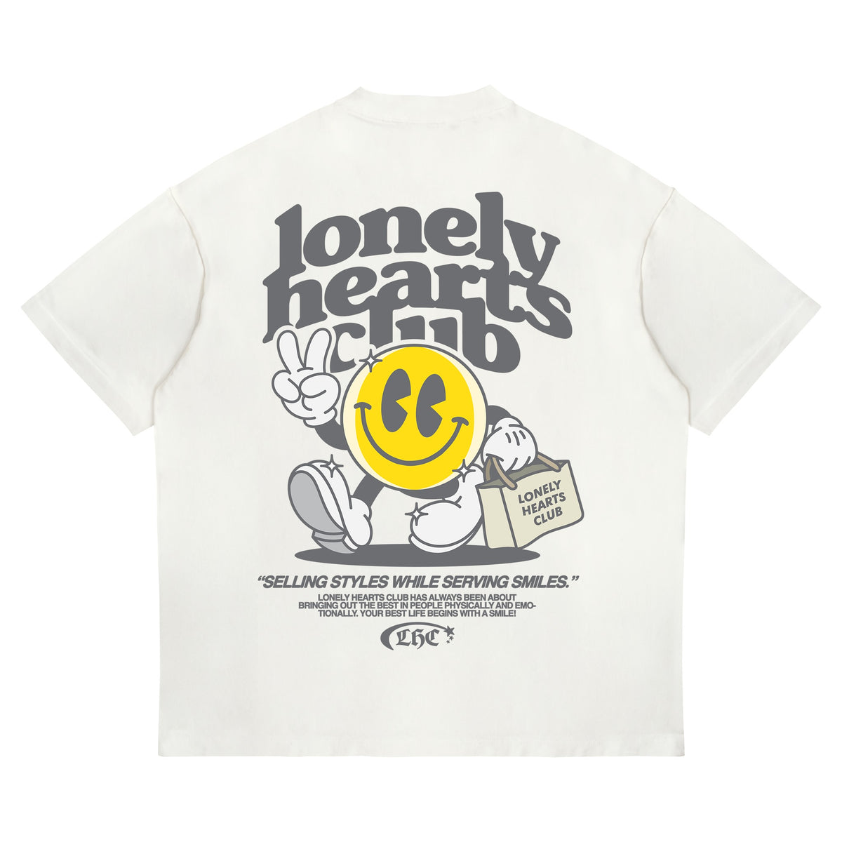 LONELY HEARTS CLUB SELLING STYLES WHILE SERVING SMILES PREMIUM T-SHIRT - OFF-WHITE - Back flat lay