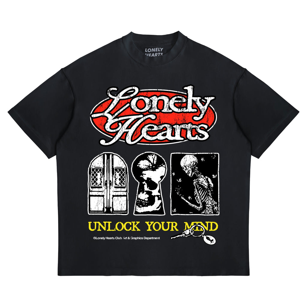 LONELY HEARTS CLUB UNLOCK YOUR MIND PREMIUM T-SHIRT - BLACK EDGE - Front flat lay