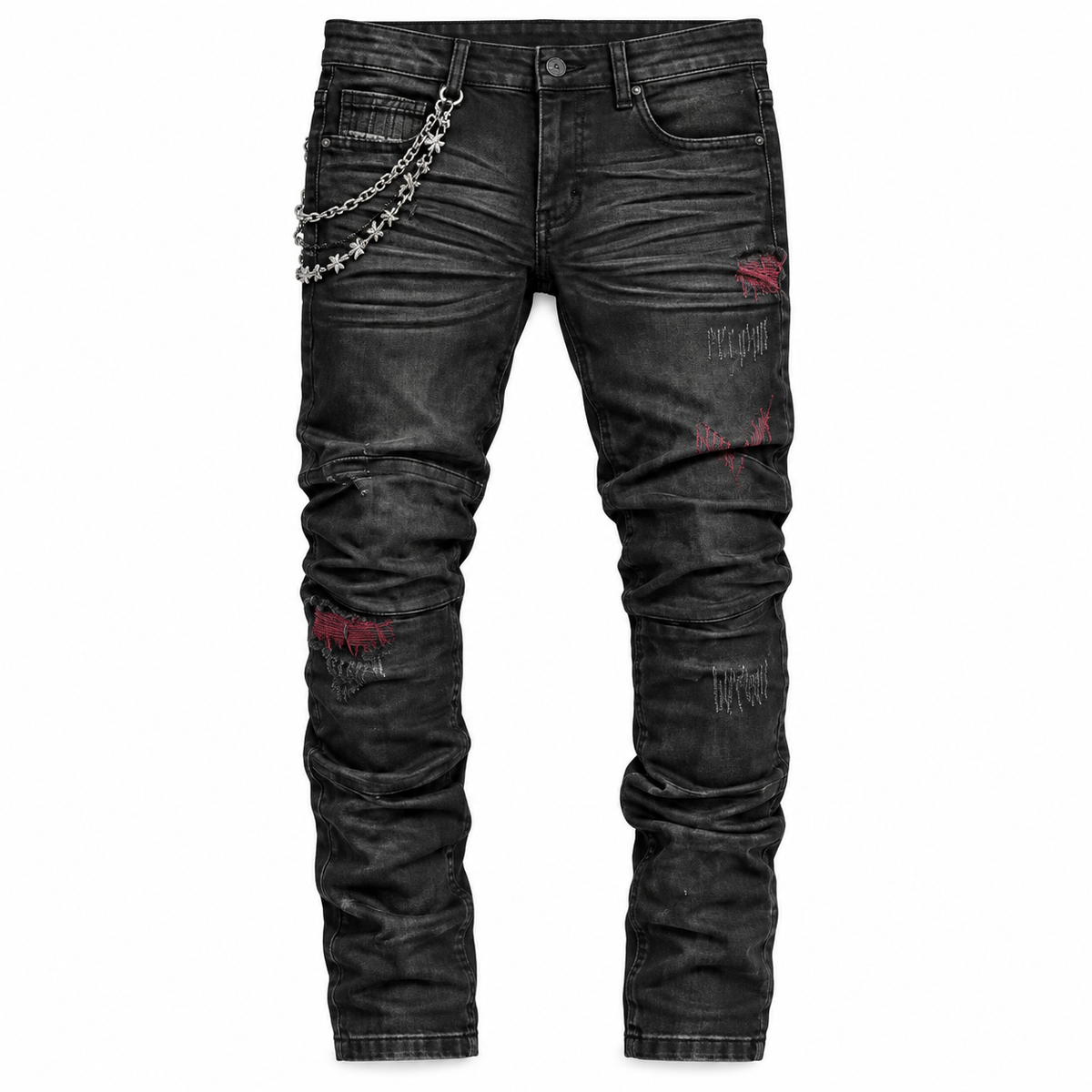 MELEE | CHICAGO JEANS - OIL BLACK/RED front flat lay on white