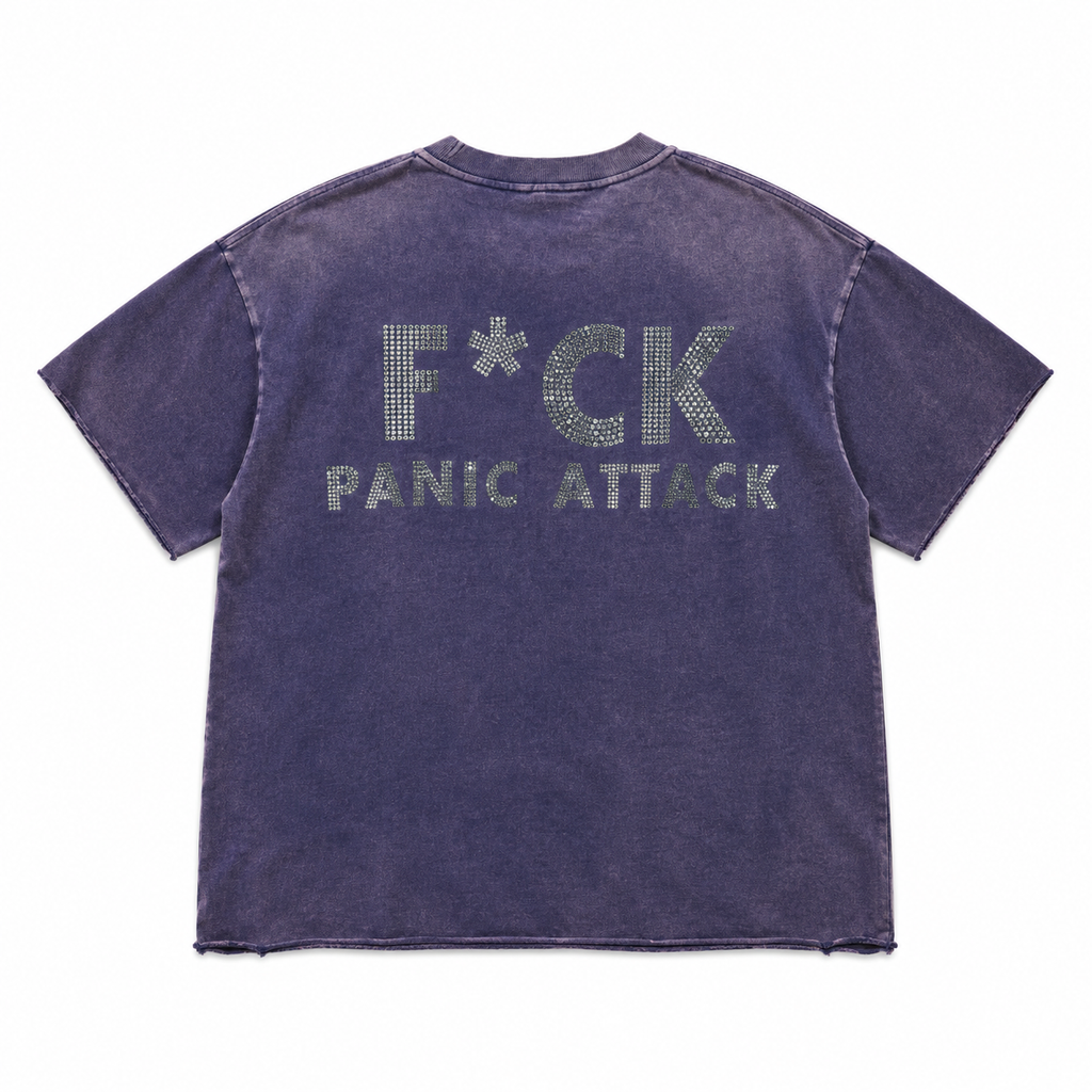 MAISON SAIKO | FUCK PANIC ATTACK TEE - BLUE VINTAGE WASH - back flat lay