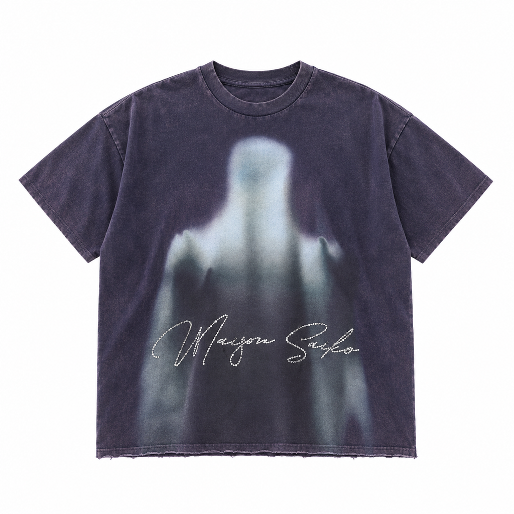 MAISON SAIKO | FUCK PANIC ATTACK TEE - BLUE VINTAGE WASH - front flat lay