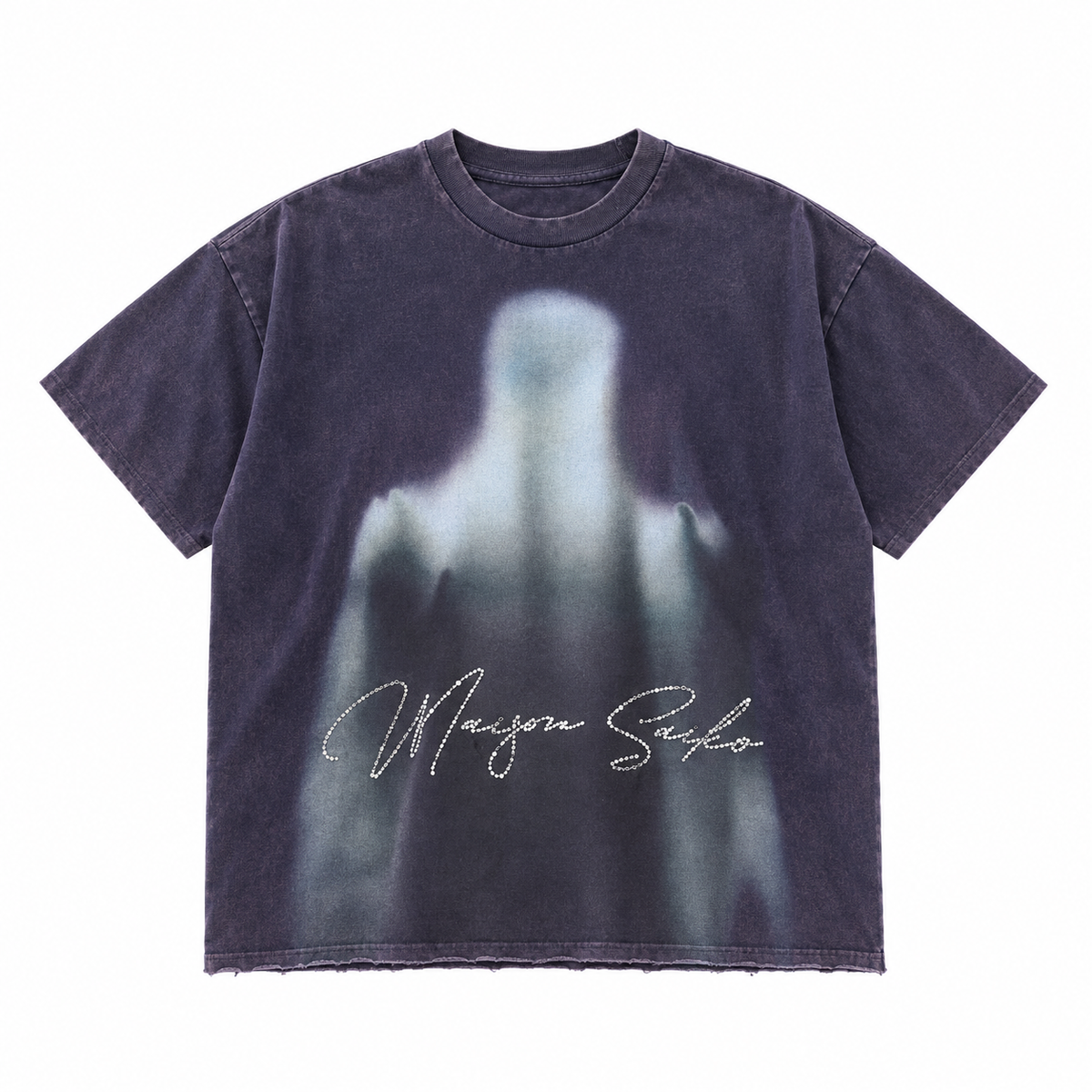 MAISON SAIKO | FUCK PANIC ATTACK TEE - BLUE VINTAGE WASH - front flat lay