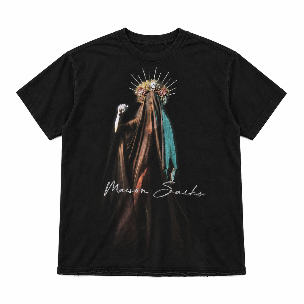 MAISON SAIKO | LA MADONA 2 TEE - BLACK WHIT WASH - front flat lay