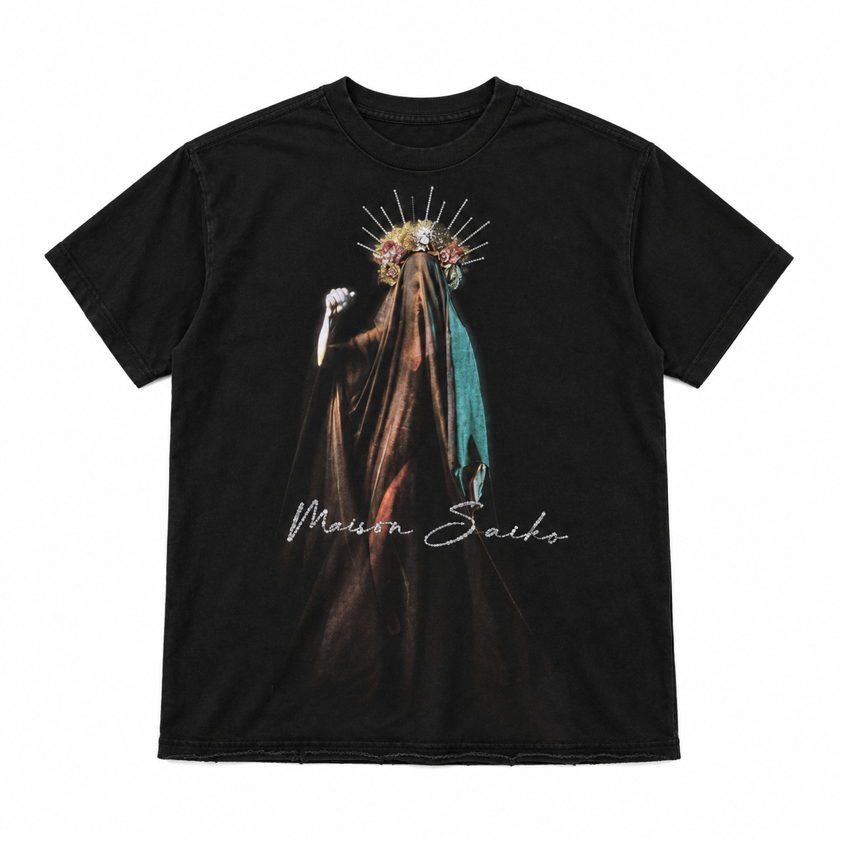 MAISON SAIKO | LA MADONA 2 TEE - BLACK WHIT WASH - front flat lay