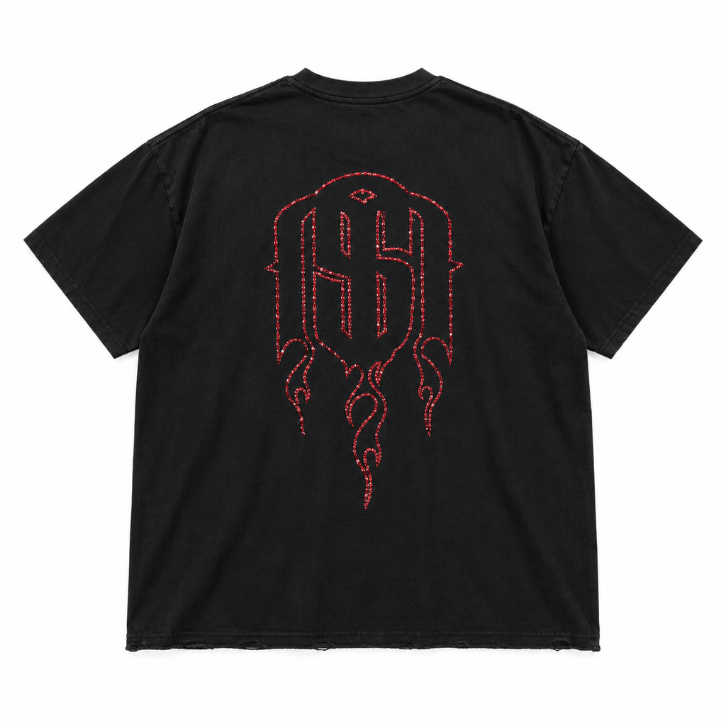 MAISON SAIKO | FACE OF THE MADONA TEE - BLACK WHIT WASH - back flat lay