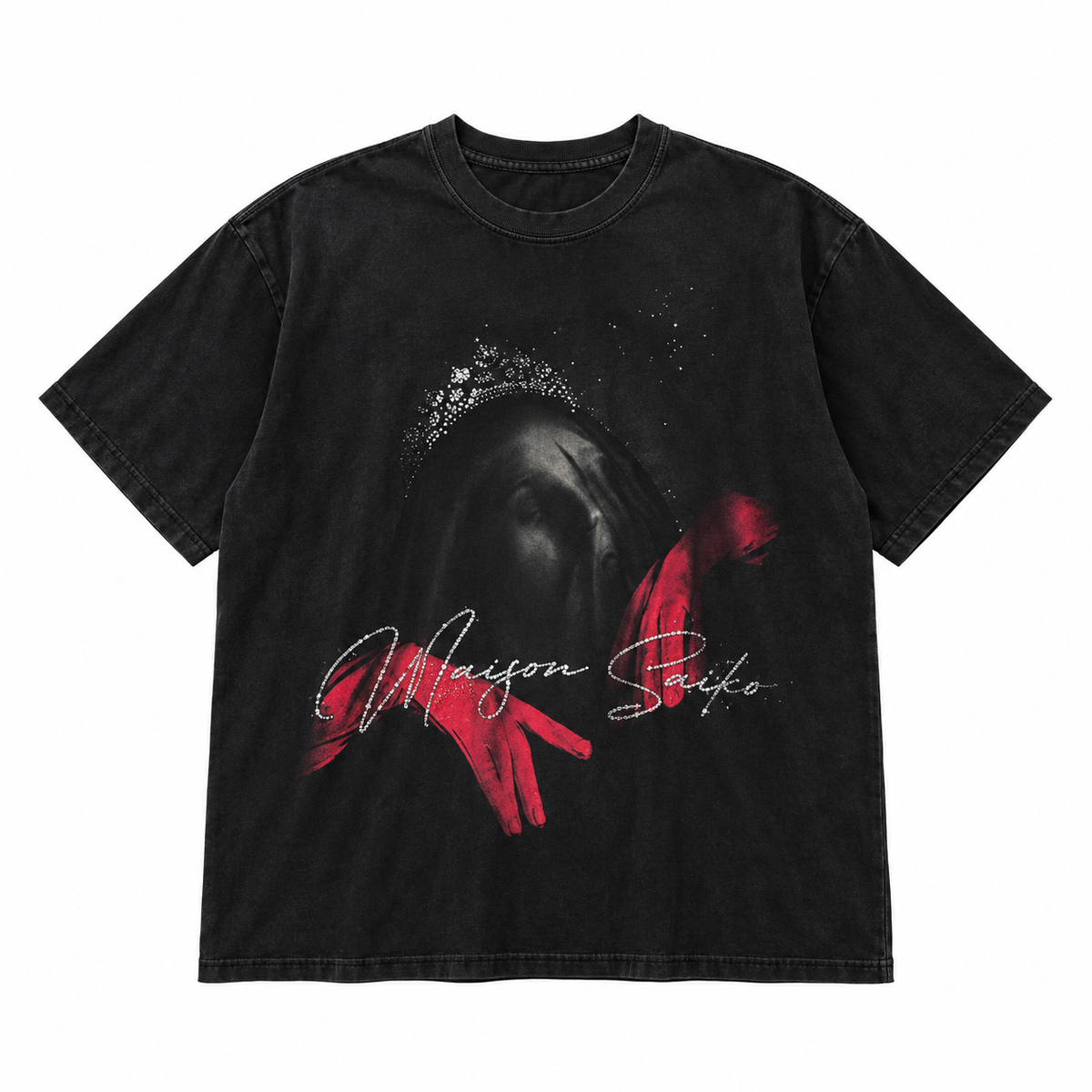 MAISON SAIKO | FACE OF THE MADONA TEE - BLACK WHIT WASH - front flat lay