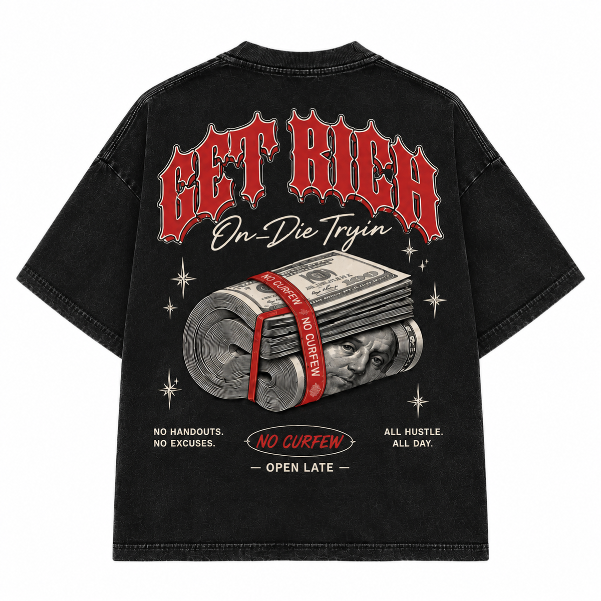 NO CURFEW | GET RICH TEE - VINTAGE BLACK - back flat lay